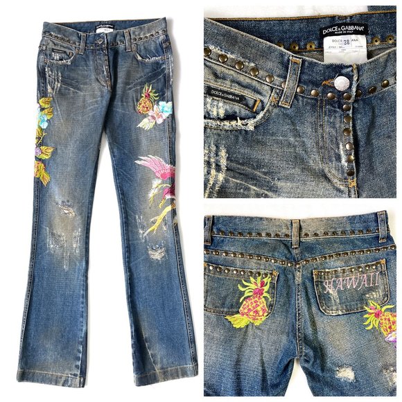 Auc D&G Distressed Embroidered Studded HAWAII TROPICAL Flare jeans - Picture 3 of 16